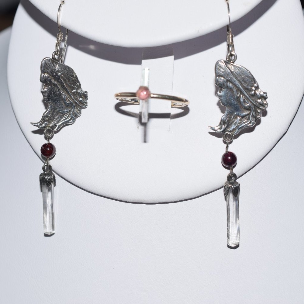 Pair of vintage SS Tourmaline Garnet Earrings/Ring